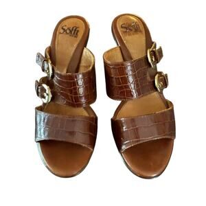 SOFFT Sandals Zane Brown Leather Faux Croc Print Heels Double Adj Straps 8M